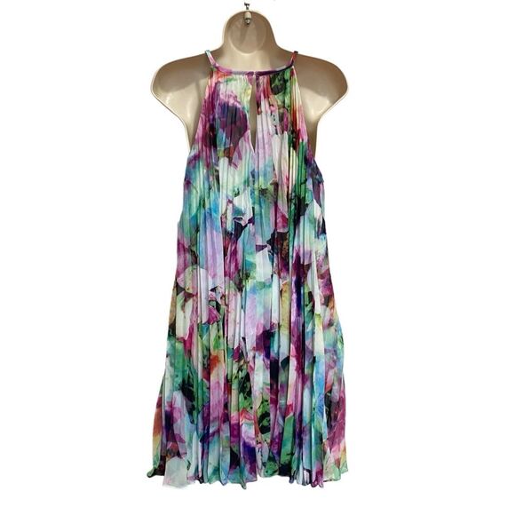 Maggy London Pleated Watercolor Chiffon Trapeze Halter Neck Dress Lined Sz 8 NWT - Picture 3 of 11